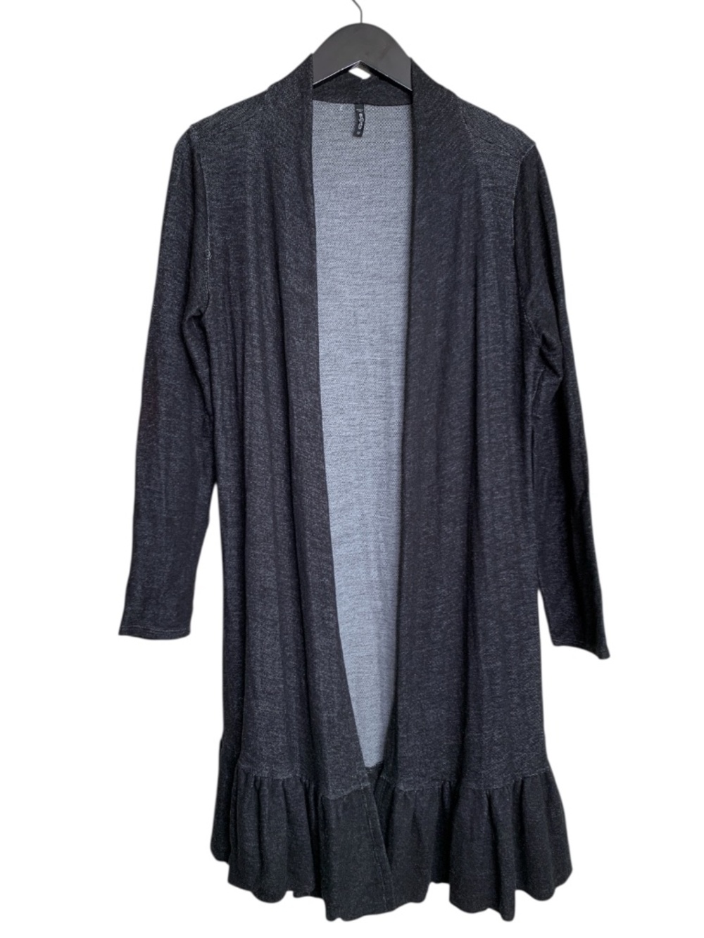 edista Women’s Dark Gray Ruffle Hem Open Cardigan Size M Soft Made in USA